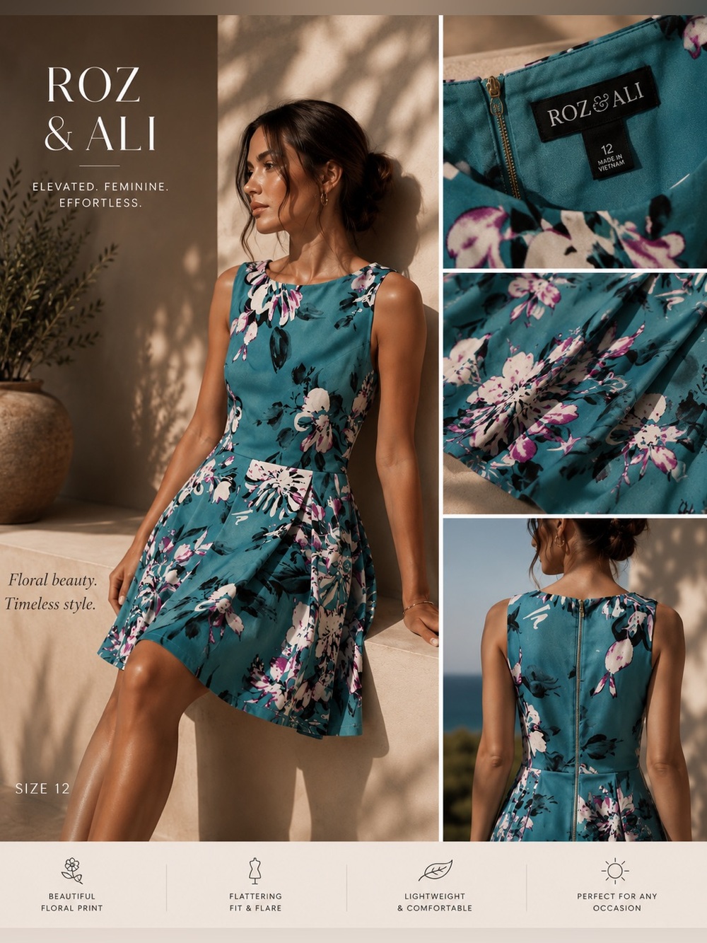 Roz & Ali Teal Floral Fit-and-Flare Mini Dress